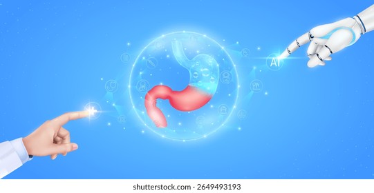 Stomach realistic shape model polygon in translucent dome with medical network icons. Cyborg human collaboration. Doctor robot finger touching plus sign AI. Health care technology digital.