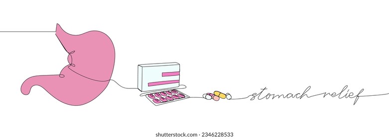 Stomach relief set. Blister pack, stomach, tablets, pills, capsules, packaged medicines, medicine one line color art. Continuous line drawing of treatment, medication, medical, pharmacy, therapy