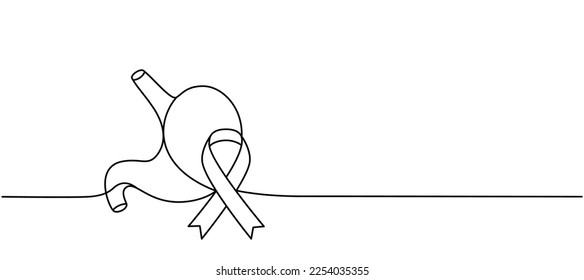 Stomach with ribbon one line continuous drawing. Cancer awareness ribbon, AIDS tape continuous one line illustration. Vector minimalist illustration.