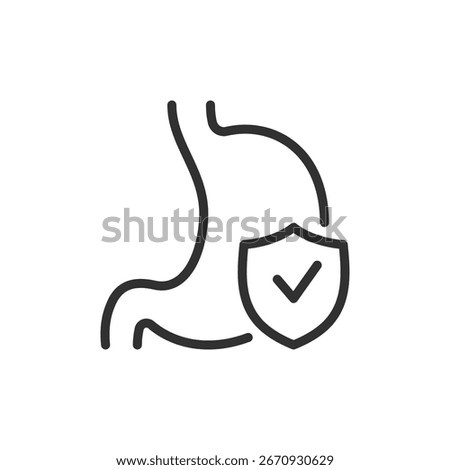 Stomach with shield, linear icon. gastrointestinal protection, probiotics or treatment. Line with editable stroke.