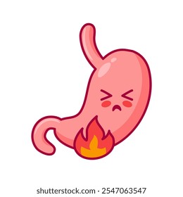 The stomach suffers from heartburn. Cute cartoon character in kawaii style. Esophageal reflux, digestive system. Vector flat illustration. Health problems. For books, design. Medical brochure template