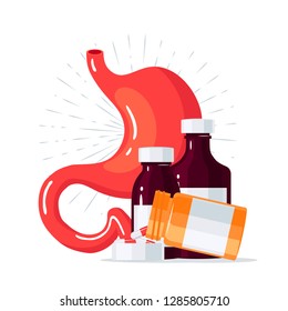 Stomach treatment concept. Human stomach with medicine bottles. Vector illustration in flat style.