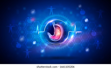 Stomach treatment concept, normal cardiogram line on a bright blue scientific background.