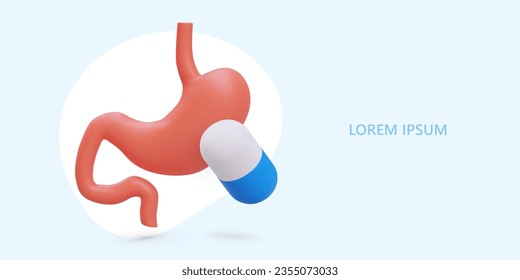 Stomach treatment. Gastritis, ulcer, inflammation, flora disturbance. Prescription from gastroenterologist. Poster with 3D stomach, capsule. Place for ad text. Doctor consultation, clinic services