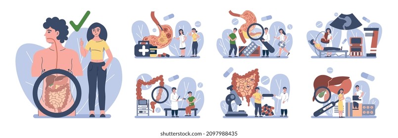 Stomach treatment set with flat isolated compositions of human characters pictograms and symbols of medical aid vector illustration