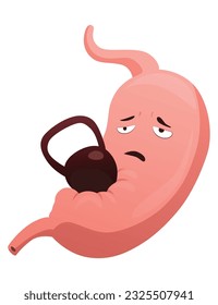 Stomach troubles icon. Sad suffering sick human stomach. Vector flat cartoon illustration design. Unhealthy stomach face character. Digestive tract with stomach ache