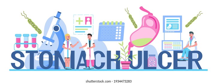 Stomach ulcer, colic concept vector. Abdominal ultrasound concept vector.  Tiny doctors research stomach. Gastroenterology illustration for medical blog website, app. 