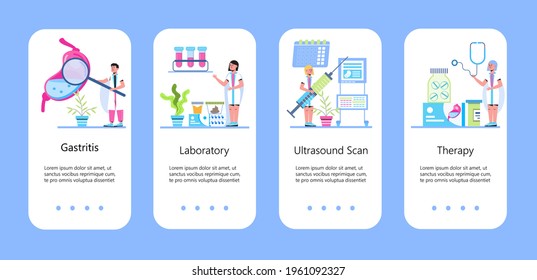 Stomach ulcer, colic concept vector app. Abdominal ultrasound concept vector. Tiny doctors research stomach, treat gastritis. Gastroenterology illustration for medical blog, mobile website, app. 