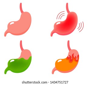 Stomach in various conditions, nausea, pain, heartburn and a healthy stomach. Human body isolates vector