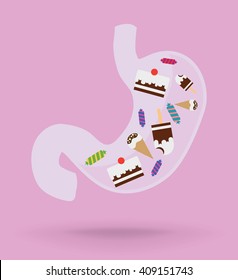 Stomach vector icon with candies inside, concept of nutrition and unhealthy food