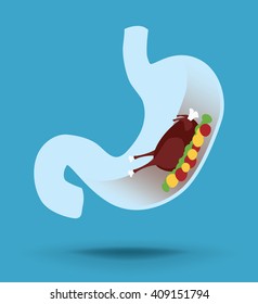 Stomach vector icon with roast turkey inside, concept of nutrition