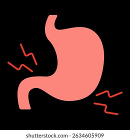Stomachache icon. Human stomach with pain signals, representing indigestion, cramps, or gastric disorder.