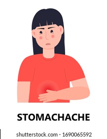 Vector de icono de Stomachache. Envenenamiento, mala digestión, úlcera estomacal. La mujer tiene dolor abdominal. Ilustración de persona infectada.