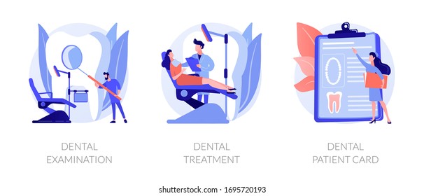 Clínica estomatológica. Procedimientos de cita para dentistas, revisión y cuidado de dientes. Examen dental, tratamiento dental, metáforas de tarjetas dentales para pacientes. Ilustraciones de metáforas conceptuales aisladas por vectores.