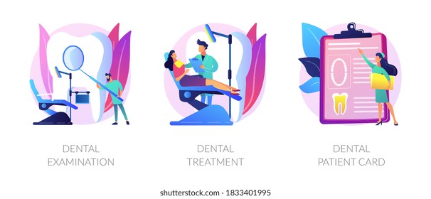 Stomatological clinic. Dentist appointment, checkup and teeth care procedures. Dental examination, dental treatment, dental patient card metaphors. Vector isolated concept metaphor illustrations.