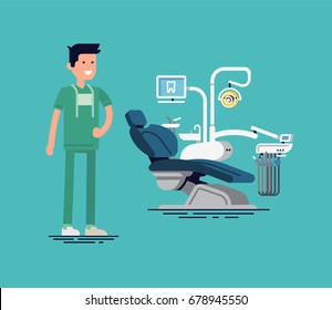 Stomatologist with dental chair. Trendy vector concept on dentist with friendly dental clinic specialist character