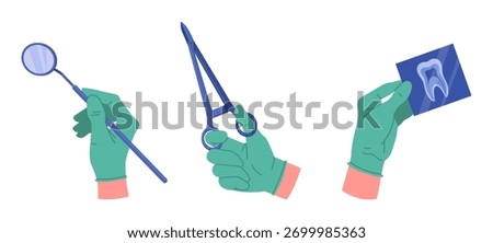 Stomatologist holding tools. Dentist hands in rubber gloves holding dental equipment flat vector illustration set. Cartoon dentist tools in doctors hands