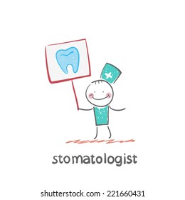 stomatologist with a placard on which painted a tooth