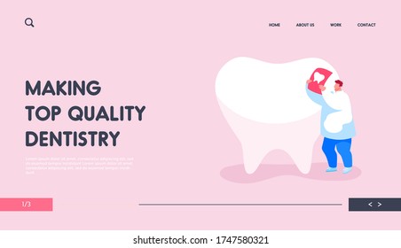 Stomatologist Work Landing Page Template. Tiny Dentist Doctor Character Care of Huge Tooth Examine Xray Image. Stomatology Service, Dentistry, Caries Prevention, Treatment. Cartoon Vector Illustration