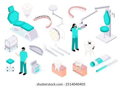 Stomatology 3d isometric mega set in isometry graphic design. Collection elements of patient chair, braces, dentures, lamp, tools, examination mirror, dentist, toothbrush, other. Vector illustration.