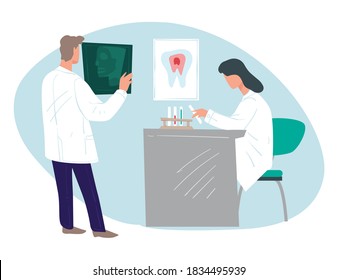 Stomatology cabinet with specialists caring for patients health. Dentist with nurse or secretary looking at xray results. Checkup at stomatologist, clinics of orthodontist. Vector in flat style