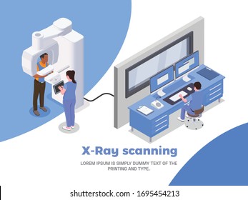 Stomatology clinic isometric poster with xray scanning symbols vector illustration