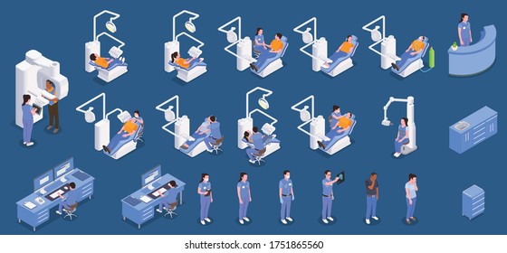 Stomatology clinic isometric set with dental care and hygiene symbols isolated vector illustration