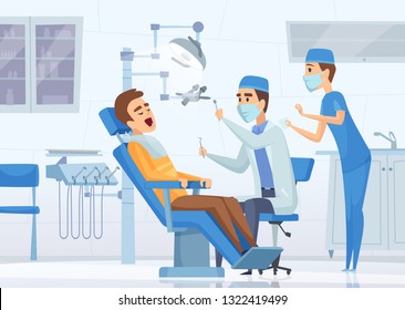 Stomatology clinic. Medical stuff dentists specialists working in diagnostic cabinet vector healthcare concept cartoon illustrations