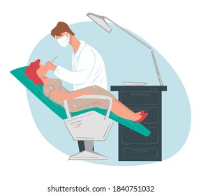 Stomatology clinics, professional dentist takes care of patient lying on table. Orthodontist or stomatologist working in clinics or hospital. Health and dental treatment, vector in flat style