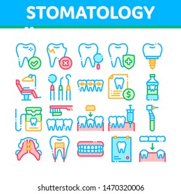 Stomatology Collection Vector Thin Line Icons Set. Stomatology Dentist Equipment And Chair, Healthy And Unhealthy Tooth Linear Pictograms. Jaw Denture, Injection Anesthesia Color Contour Illustrations