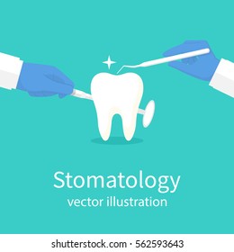 Stomatology concept. Dental healthcare. Dentist hold instruments in hands of examining patient's tooth. Vector illustration flat design. Isolated on background. Template advertising, promotion clinic.