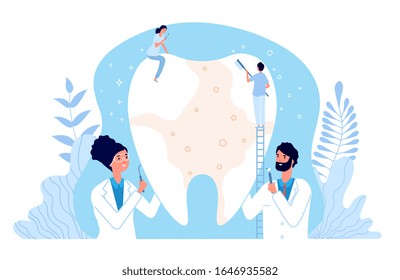 Stomatology concept. Dentist cleaning teeth. Medical dental surgery, doctor brushing or caries treatment. Dentistry care vector illustration