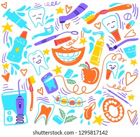 Stomatology. Dental care. Hand drawn elements. Vector illustration Doodle