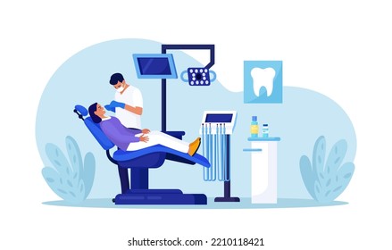 Stomatology, dental clinic. Dentist appointment, dentistry checkup, oral care procedures. Patient dental examination. Doctor in uniform treating human teeth using medical equipment. Caries treatment