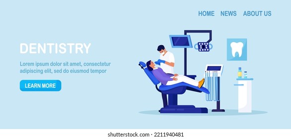 Stomatology, dental clinic. Dentist appointment, dentistry checkup, oral care procedures. Patient dental examination. Doctor in uniform treating human teeth using medical equipment. Caries treatment