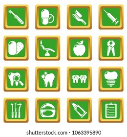 Stomatology dental icons set vector green square isolated on white background 