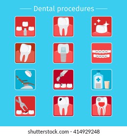 Stomatology and dental procedures flat icons. Toothcare vector illustration