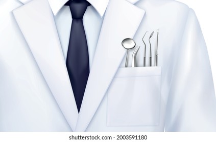 Composición estomatológica de dentista con una imagen realista de una capa blanca con corbata y herramientas en la ilustración del vector del bolsillo del pecho