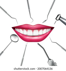 Stomatology dentist smile realistic composition with images of smiling human mouth surrounded by manual dental tools vector illustration