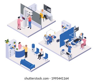 Stomatology and dentistry composition set with dental clinics symbols isometric isolated vector illustration