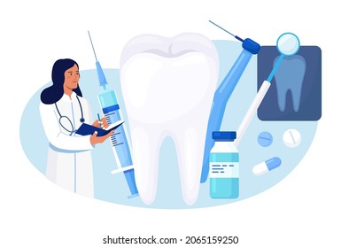 Estomatología, Concepto Dentista. Instrumentos profesionales y de gran tamaño para el control y el tratamiento. Cita de dentista. Médico tratando dientes grandes no sanos con cavidad de caries. Dolor de muelas