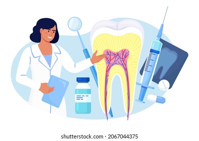 Stomatologie, Zahnarztkonzept. Big Tooth und professionelle Instrumente für Check-Up und Behandlung. Zahnarzternennung. Arzt, der große ungesunde Zähne mit Karies Kavität behandelt. Zahnschmerzen