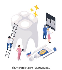 Stomatology and dentistry concept with dental care symbols isometric vector illustration