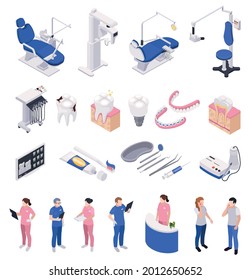 Stomatology and dentistry icons set with dental care symbols isometric isolated vector illustration