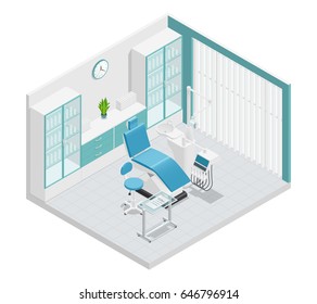 Stomatology dentistry isometric 3 d cabinet composition with furniture and work attributes vector illustration