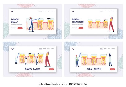 Stomatology, Dentistry Landing Page Template Set . Tiny Dentists Characters Clean, Treating Huge Unhealthy Tooth with Caries Cavity. Doctors Brushing, Clean Plaque. Cartoon People Vector Illustration