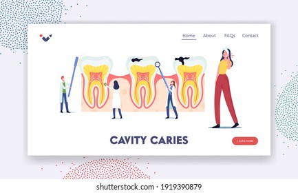 Stomatology, Dentistry Landing Page Template. Tiny Dentists Characters Cleaning, Treating Huge Unhealthy Tooth with Caries Cavity. Doctors Brushing, Clean Plaque. Cartoon People Vector Illustration