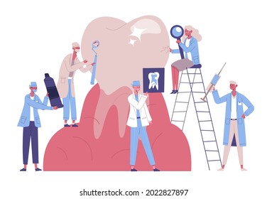 Stomatology dentists characters take care giant tooth. Dental service, doctors treat, clean tooth plaque and caries vector illustration set. Dental clinic treatment. People examining with magnifier