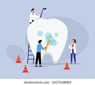 Personajes de dentistas de estomatología cuidan ilustración vectorial de diente gigante