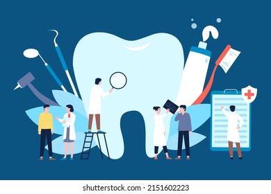 Stomatology doctors treat. Dentist support health teeth, orthodontics checkup concept. Dental healthcare, tooth care in clinic and caries treatment recent vector scene